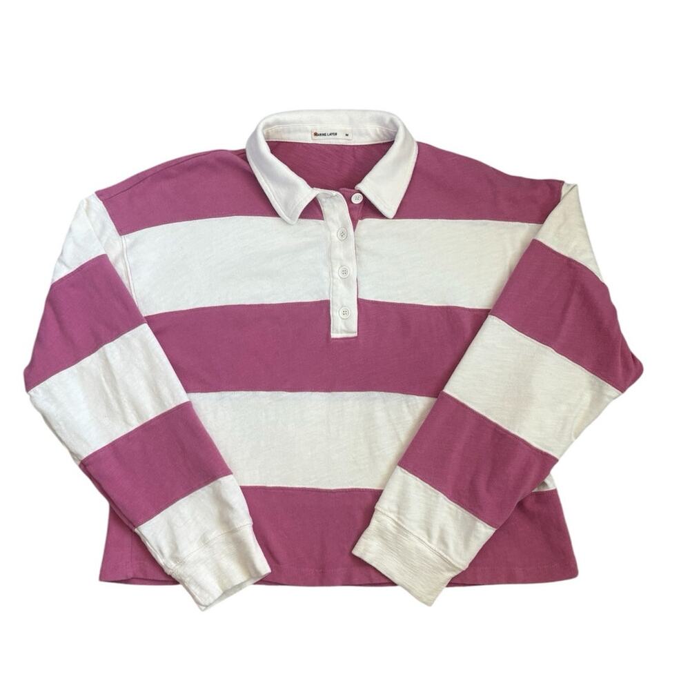 Marine Layer Cropped Pink and White Striped Rugby Size Medium